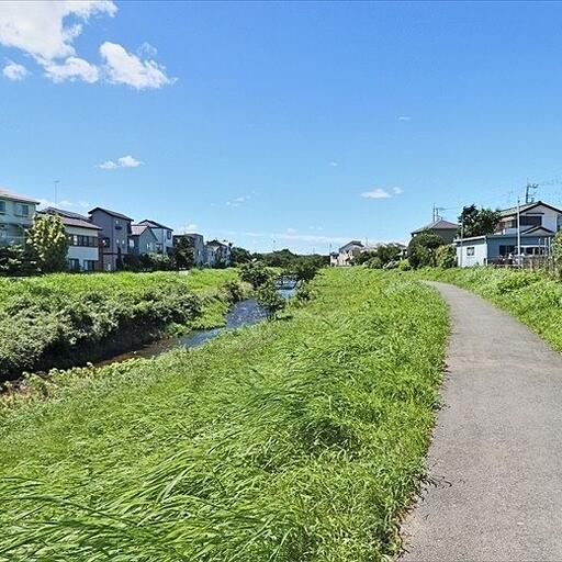 黒目川遊歩道 建物前の遊歩道散歩に最適